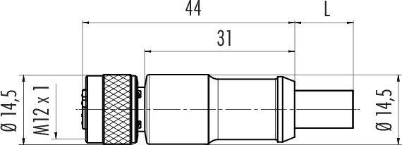 Rysunek techniczny złącza cylindrycznego z gwintem M12. Wymiary: średnica 14,5 mm, długość 44 mm.