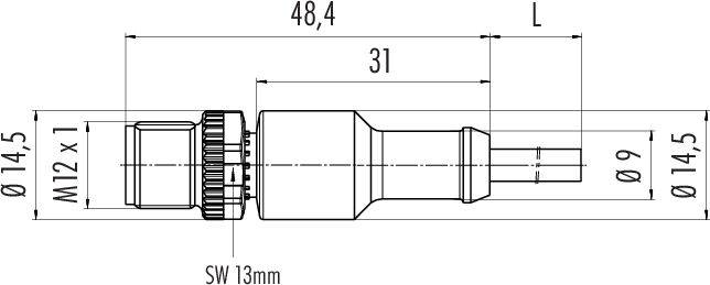 Rysunek techniczny cylindrycznego wtyczki. Wymiary w milimetrach: długość 48,4, Ø14,5 i Ø9, gwint M12 x 1, klucz 13 mm.