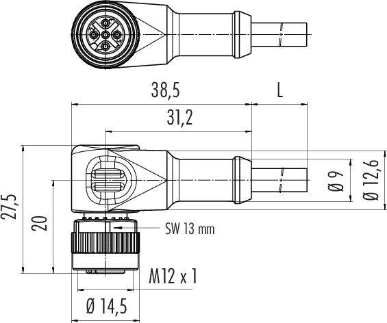 Rysunek techniczny złącza M12 z wymiarami: długość całkowita 38,5 mm, średnica 14,5 mm, złącze kątowe z gwintem M12 x 1.