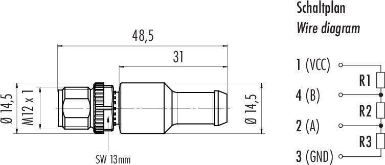 'Schemat połączenia złącza z wymiarami w milimetrach: Długość 48,5, średnica 14,5. Przyłącza: 1 (VCC), 4 (B), 2 (A), 3 (GND).'