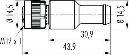 Rysunek techniczny wtyczki z wymiarami: długość 43,9 mm, szerokość 14,5 mm, gwint M12 x 1; długość odcinka 30,9 mm.