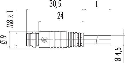 Rysunek techniczny złącza z gwintem M8. Wymiary: 30,5 mm długości w części gwintowanej, średnica zewnętrzna Ø9 mm, całkowity wymiar L.