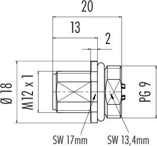 Rysunek techniczny złącza: średnica Ø18 mm, gwint M12 x 1, całkowita długość 20 mm, rozstaw kluczy 17 mm i 13,4 mm.