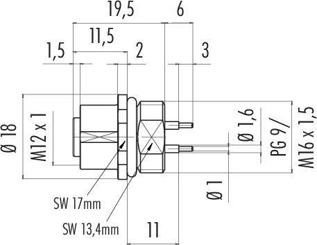 Rysunek techniczny złącza elektrycznego. Przedstawia wymiary w milimetrach, takie jak średnica, długości oraz parametry gwintów.