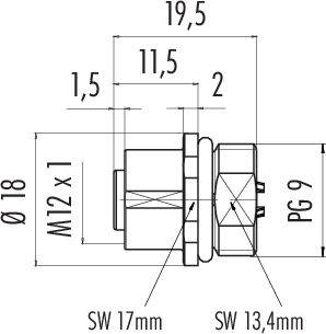 Rysunek techniczny metalowego złącza o długości 19,5 mm, średnicy 18 mm i gwincie M12 x 1. Oznaczenia klucza SW 17 mm i SW 13,4 mm.