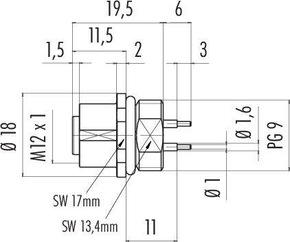 Rysunek techniczny złącza z wymiarami: całkowita długość 19,5 mm, gwint M12 x 1, średnica 18 mm, średnica styku 1 mm.