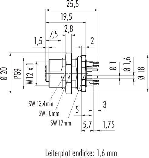 'Rysunek techniczny złącza z wymiarami i oznaczeniami. Wysokość 18 mm, szerokość 25,5 mm, grubość warstwy 1,6 mm.'
