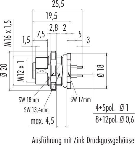 Rysunek techniczny złącza z wymiarami w milimetrach. Dwa gwinty M16 x 1,5 oraz M12 x 1. Szczegóły budowy.