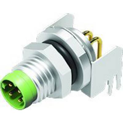 Zielony, cylindryczny wtyk z wieloma stykami, otoczony srebrną oprawą metalową, przeznaczony do połączeń elektronicznych.