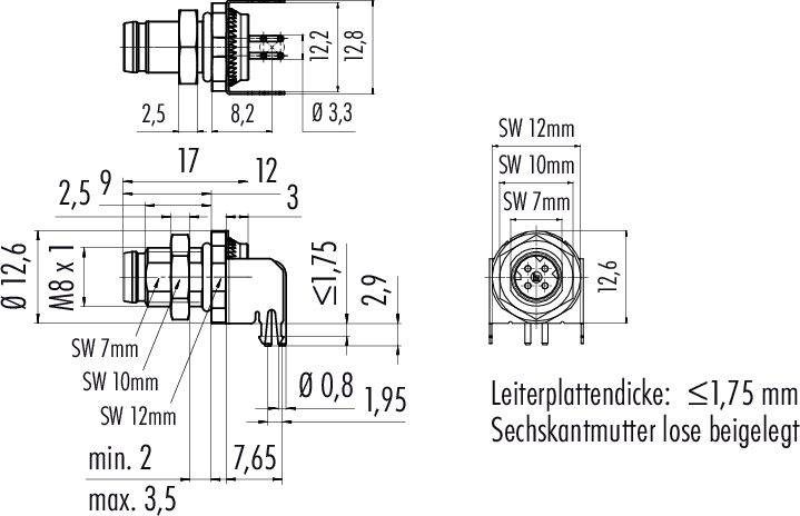 Rysunek techniczny wtyczki. Zawiera wymiary i specyfikacje elementów składowych, w tym średnicę i parametry gwintów.