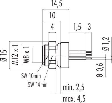 Rysunek techniczny cylindrycznego elementu z gwintem M12 x 1 oraz M8 x 1, z podanymi wymiarami średnicy i długości w milimetrach.
