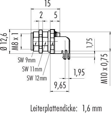 Rysunek techniczny złącza z wymiarami: średnica 12,6 mm, gwint M8 x 1, dostępny w trzech rozmiarach. Grubość płytki drukowanej 1,6 mm.