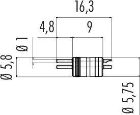 Rysunek techniczny wtyczki z wymiarami: całkowita długość 16,3 mm, średnica 5,8 mm. Widoczne są styki połączeniowe i gwint.