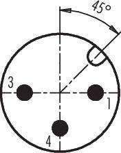 Diagram szablonu otworów w kształcie koła z czterema czarnymi punktami, ponumerowanymi od 1 do 4. Zaznaczony jest kąt 45 stopni.