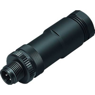 Czarny cylindryczny adapter wtykowy M12 z gwintem, stosowany do łączenia urządzeń i systemów elektronicznych.