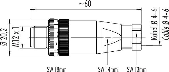 Rysunek techniczny wtyczki z wymiarami: długość ~60 mm, gwint M12x1, średnica przewodu 4-6 mm. Oznaczenia SW 18 mm, 14 mm, 13 mm.
