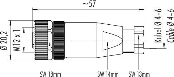 Rysunek złącza z wymiarami i szczegółami: całkowita długość ok. 57 mm, średnica kabla 4-6 mm, gwint M12 x 1.