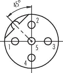 Diagram koła z pięcioma ponumerowanymi otworami wiertniczymi. Zaznaczony kąt 45 stopni.