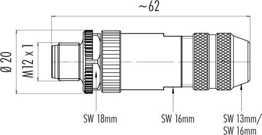 Techniczny rysunek złącza z wymiarami: długość ok. 62 mm, średnica 20 mm, gwint M12 x 1, szerokość klucza SW 18 mm, SW 16 mm, SW 13 mm.