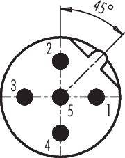 'Rozmieszczenie styków w układzie 5-biegunowym w formie koła. Bieguny ponumerowane od 1 do 5. Góra oznaczona kątem 45 stopni.'