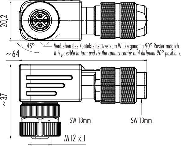 Rysunek wymiarowy złącza z mechanizmem obrotowym. Opisane: 'Możliwość obrotu wkładu styków do wejścia kątowego w rastry 90°'. Podłączenia i wymiary wyróżnione.
