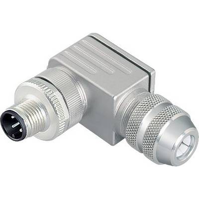 Metalowy, prostokątny adapter kątowy z żebrowaną nakrętką mocującą i okrągłym złączem na końcu.
