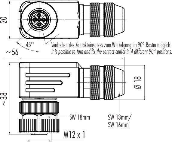 Rysunek techniczny złącza kątowego z wymiarami. Tekst: Możliwość obrotu wkładu stykowego w 4 pozycjach co 90°.