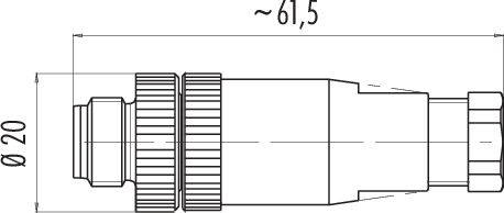Rysunek techniczny cylindrycznego złącza wtykowego z wymiarami: średnica 20 mm, długość ok. 61,5 mm.