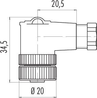 Rysunek techniczny złącza kątowego z następującymi wymiarami: długość 20,5 mm, wysokość 34,5 mm, średnica u podstawy 20 mm.