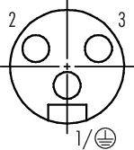 Diagram złącza z trzema stykami, ponumerowanymi od 1 do 3. W dolnym prawym rogu przedstawiono symbol uziemienia.