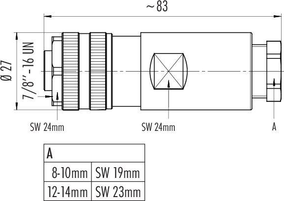 Rysunek techniczny cylindra z wymiarami: średnica 27 mm, długość ok. 83 mm. Gwint 7/8"-16 UN. Podane złącza i rozmiary klucza.