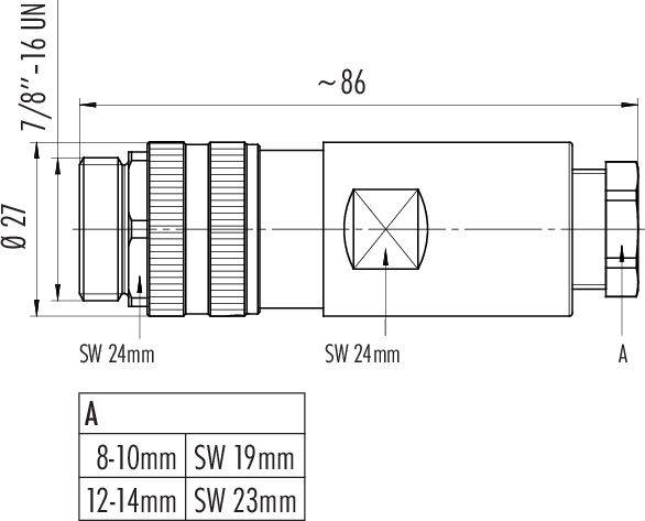 Rysunek techniczny części cylindrycznej z wymiarami: długość 86 mm, średnica 27 mm, rozmiar klucza 24 mm.
