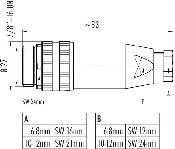 Rysunek techniczny adaptera przyłączeniowego z wymiarami: całkowita długość ok. 83 mm, średnica 27 mm. Dwa odcinki 'A' i 'B' z kluczami SW 24 mm.
