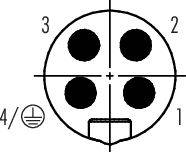 Diagram złącza z czterema okrągłymi stykami, ponumerowanymi od 1 do 4. Styk 4 posiada symbol uziemienia.