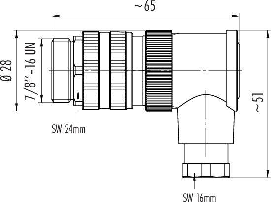Rysunek techniczny złączki kątowej z oznaczeniami gwintów. Wymiary: około 65 mm długości i 51 mm wysokości. Rozmiary klucza sześciokątnego: SW 24 mm i SW 16 mm.