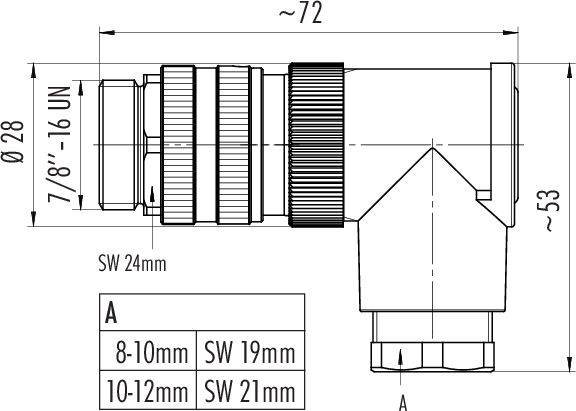 Rysunek wymiarowy adaptera kątowego z wymiarami: długość ~72 mm, wysokość ~53 mm, średnica Ø 28 mm. Gwint: 7/8''-16 UN.