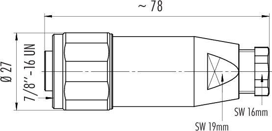 Rysunek techniczny cylindrycznego złącza z wymiarami: długość całkowita 78 mm, średnica 27 mm, gwint 7/8''-16 UN.