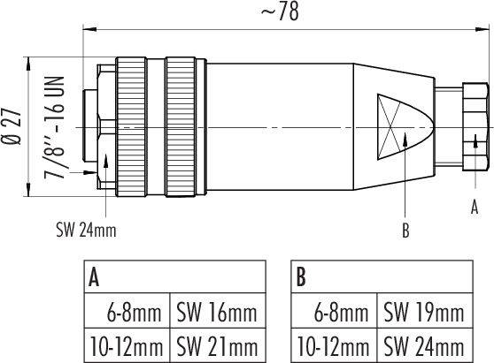 Rysunek techniczny cylindrycznego elementu z wymiarami w milimetrach. Zawiera średnicę, długość oraz szczegóły gwintu.