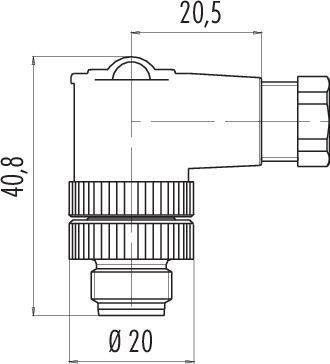 Techniczna ilustracja kształtki kątowej z wymiarami: długość 20,5, wysokość 40,8, średnica 20.