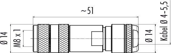 Rysunek techniczny złącza cylindrycznego. Po lewej gwint M8 x 1, całkowita długość około 51 mm, średnica przewodu 4–5,5 mm.