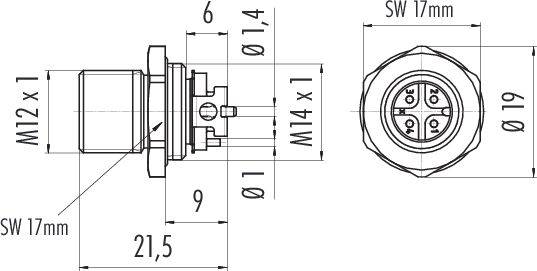 Rysunek techniczny złącza elektrycznego z wymiarami. Po lewej: widok z boku z gwintem M12x1. Po prawej: widok z góry z rozmieszczeniem 4-biegunowym.