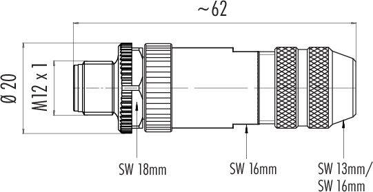 Rysunek techniczny cylindrycznego złącza wtykowego z gwintem M12x1. Długość ≈62 mm, średnica 20 mm, różne rozmiary klucza.