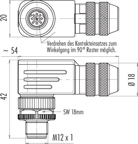Rysunek techniczny prostokątnego złącza z obrotowymi stykami. Wymiary: 54 mm szerokości, 42 mm wysokości. Oznaczenia: 'M12 x 1', 'SW 18 mm'.
