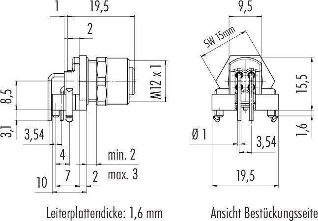Rysunek techniczny złącza. Widok z boku i z przodu z wymiarami w milimetrach. Głębokość wtyczki 19,5 mm, całkowita długość 31 mm, grubość płytki drukowanej 1,6 mm, gwint M12 x 1.