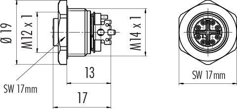 Rysunek techniczny złącza z dwoma widokami, wymiary w milimetrach: długość 17, średnica 19, gwint M12 x 1 oraz M14 x 1.