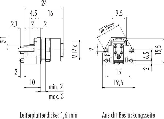 Rysunek techniczny elektrycznego przełącznika z wymiarami. Po lewej widok z boku z gwintem M12 x 1, po prawej strona montażowa. Grubość płytki drukowanej 1,6 mm.