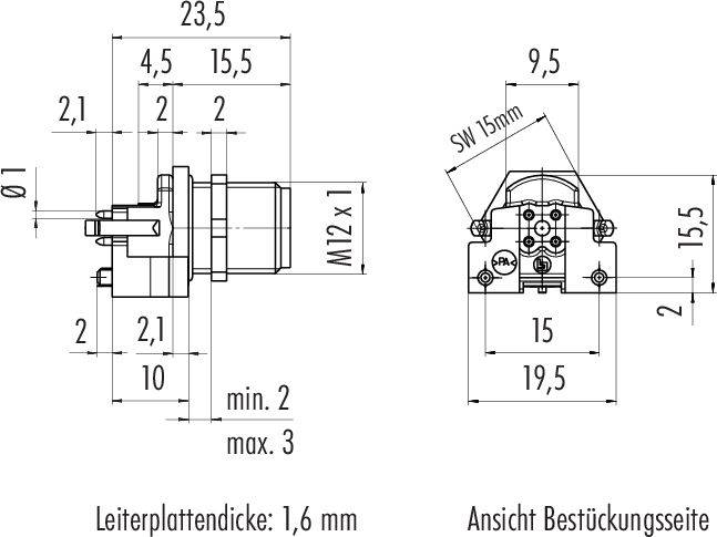 Rysunek techniczny złącza elektrycznego z widokiem z boku i z przodu. Szczegółowo przedstawione wymiary i gwint. Grubość płytki drukowanej: 1,6 mm.