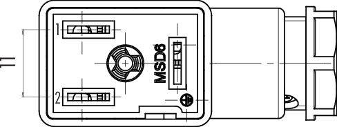 Element elektryczny z napisem 'MSD6', przedstawiający złącza i techniczne wymiary rysunku, prawdopodobnie złącze wtykowe.