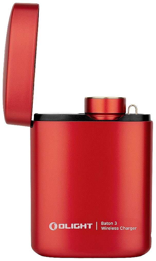 Czerwona, otwarta skrzynka ładująca z napisem 'Ładowarka bezprzewodowa Olight Baton 3', przeznaczona do kompaktowych latarek.