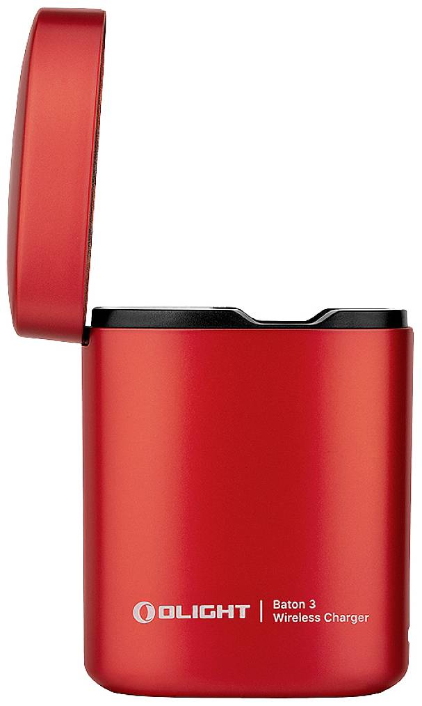 Czerwone, otwarte ładowanie z tekstem 'OLIGHT Baton 3 Wireless Charger' na przedniej stronie.